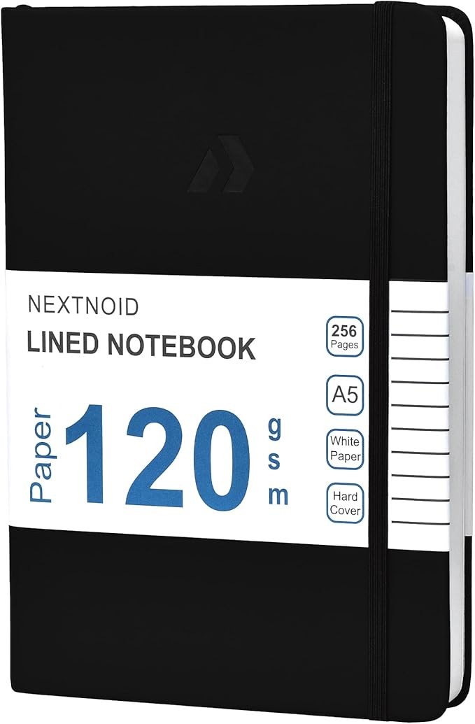 Nextnoid Hardcover Lined Journal Notebook - 120 GSM Thick Paper, Medium A5-256 Pages - Perfect For Writing, Journaling and Note-Taking (Black, Ruled)