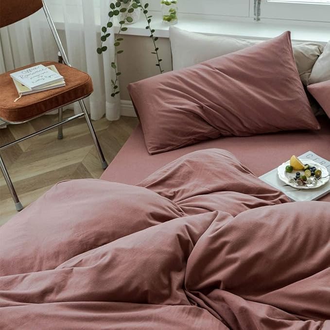 AMWAN Duvet Cover Set, Queen, Brick Red, Jersey Knit Cotton, 100% Cotton, 3 Pieces, Modern Style, Bed Linen