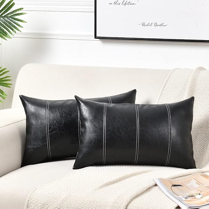 Fancy Homi 2 Packs Black Lumbar Faux Leather Decorative Throw Pillow Covers 12x20 Inch for Living Room Couch Bed Sofa, Boho Farmhouse Home Decor, Hand Stitched Rectangle Cushion Case 30x50 cm
