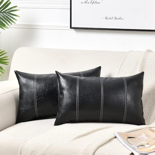 Fancy Homi 2 Packs Black Long Lumbar Faux Leather Decorative Throw Pillow Covers 16x24 Inch for Living Room Couch Bed Sofa, Boho Farmhouse Home Decor, Hand Stitched Rectangle Cushion Case 40x60 cm