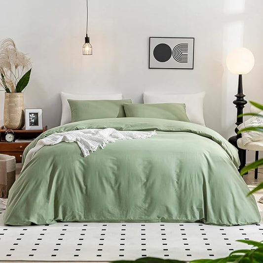 JELLYMONI Light Green Duvet Cover Twin Size - 100% Washed Cotton Linen Feel Textured Comforter Cover, 2 Pieces Breathable Soft Bedding Set with Zipper Closure (Light Green, Twin 68"x90")