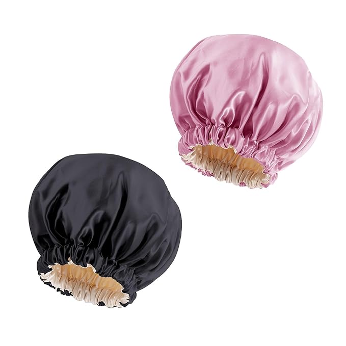 Satin Bonnet Silk Bonnet Hair Bonnet for Sleeping-Slouchy Beanie Hat Satin Sleep Cap for Women's Natural & Curly Hair(Black&Dark Pink)