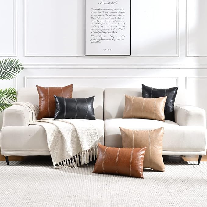 Fancy Homi 2 Packs Tan Decorative Throw Pillow Covers 16x16 Inch for Living Room Couch Bed, Modern Farmhouse Boho Home Decor, Faux Leather Hand Stitched Beige Accent Square Cushion Case 40x40 cm