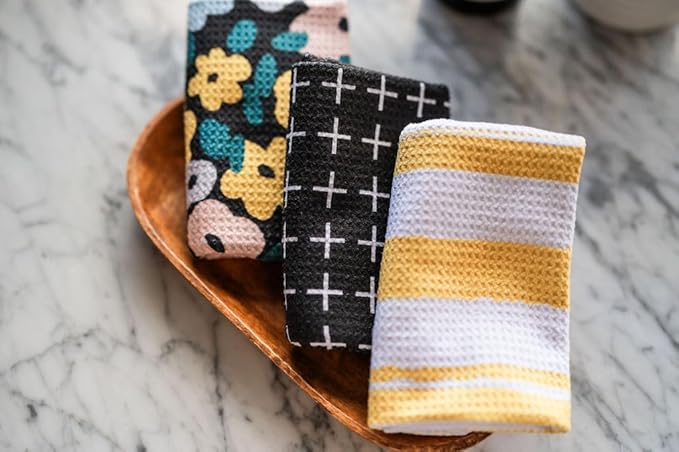 || 3 Pack|| Double Sided || Not Your Ordinary Dish Towels || Waffle Weave Microfiber || Highly Absorbent || Hanging Loop || Dish Cloths || Modern || Designer Prints|| Black and Yellow