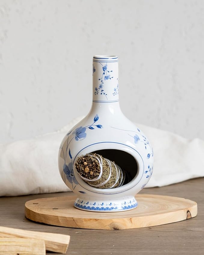 Ceramic Incense Holder Palo Santo Burner - Handmade Blue and White Porcelain Mini Chiminea for Ash Catching & Meditation Decor - Vintage Oriental Burner for Yoga Room Spiritual Gift