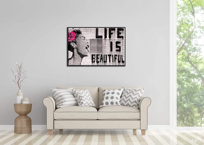 Wieco Art Framed Art Canvas Prints of Banksy Life is Beautiful Abstract Artwork for Wall Decor Black Frame BANKSY-2-6090-BF