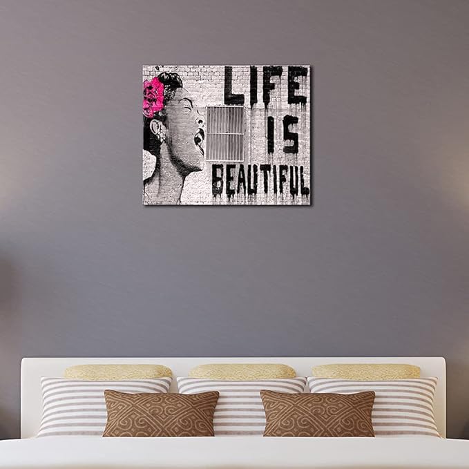Wieco Art Abstract Giclee Canvas Prints Wall Art Ready to Hang for Kitchen Home Office Decor Banksy Life is Beautiful Large Modern Stretched and Framed Grey Impressionist Pictures Paintings Artwork