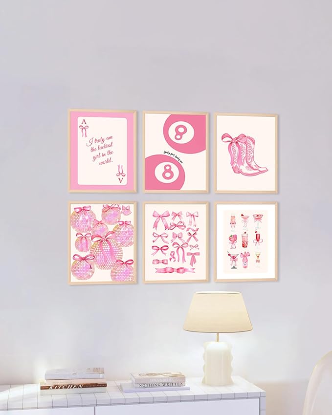 ASTRDECOR Pink Coquette Trendy Preppy Wall Art Prints Set of 6, Preppy Room Decor, Pink Bow Lucky 8 Ball Disco Wall Decor Posters, Coquette Room Decor Aesthetic for Girls Bedroom Dorm, 8x10 Unframed