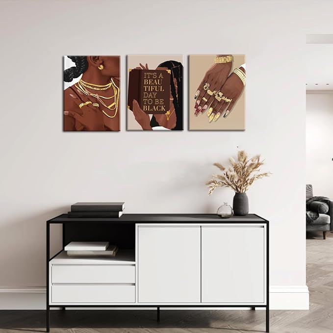 Marllifenney 3 Pcs Black Woman Wall Art Framed Black Girl Posters Abstract African American Canvas Prints Black Women Painting Decor Modern Boho Female Pictures for Bedroom Living Room Office 12x16in