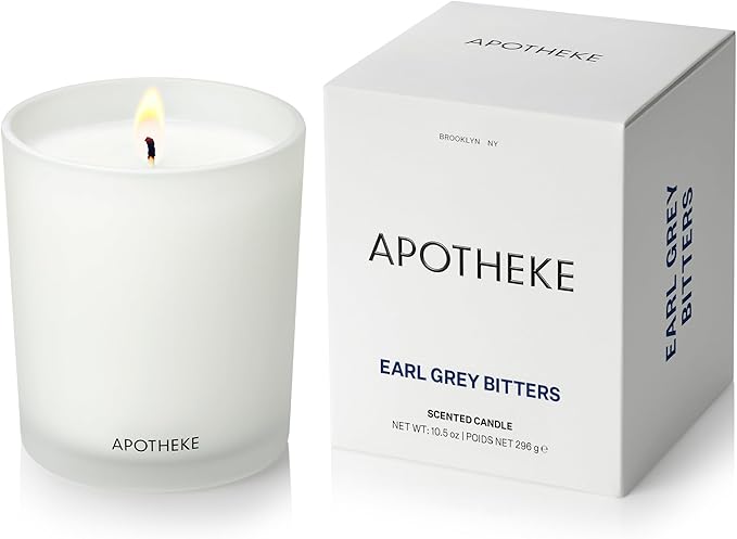 Apotheke Signature Scented Candles for Home, Earl Grey Bitters - 10.5 oz - Soy Wax, Non Toxic, Large Jar White - Luxury Candle Gifts for Women & Men - Bergamot, Peony, and Lemon