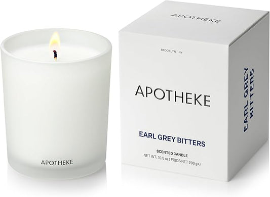 Apotheke Signature Scented Candles for Home, Earl Grey Bitters - 10.5 oz - Soy Wax, Non Toxic, Large Jar White - Luxury Candle Gifts for Women & Men - Bergamot, Peony, and Lemon