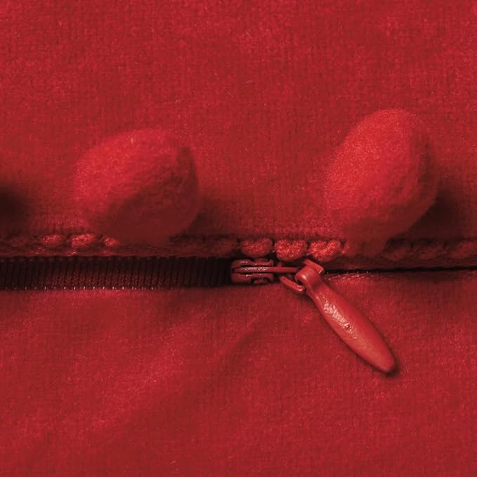 DEZENE Throw Pillow Covers 24x24 Red: 2 Pack Cozy Soft Pom-poms Velvet Square Decorative Pillow Cases for Farmhouse Home Decor