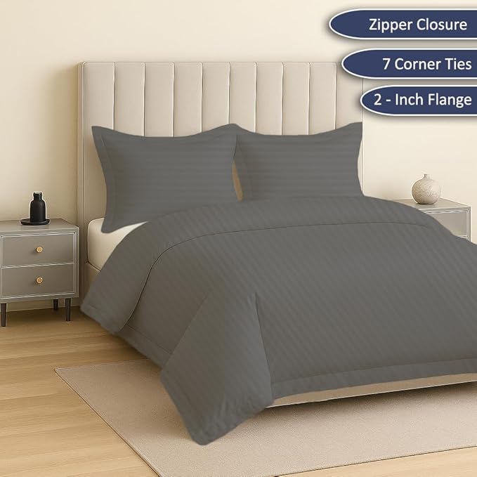 eBeddy Linens Luxury 800 TC Soft Egyptian Cotton Alaskan King 132x120 Size 3-Pieces Dark Grey Striped Duvet Cover Zipper Closure & Corner Ties Durable Stitch