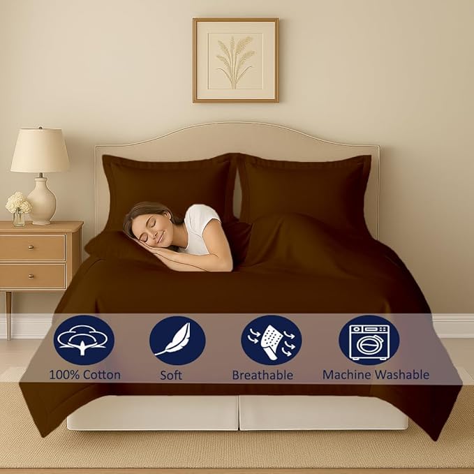 eBeddy Linens Duvet Cover Set Full Size 80x90 Inch 100% Cotton Soft and Breathable 3 Pieces (1 Duvet Cover & 2 Pillow Shams) Premium Bedding Collection Zipper Closure & Corner Ties, Brown Solid