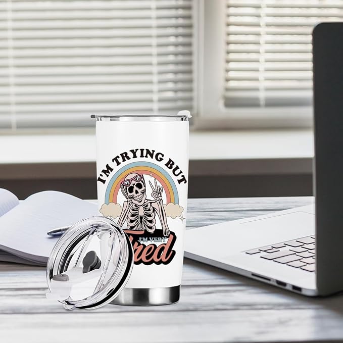 Inspirational Gifts for Women Tumbler, Sarcastic Skeleton Christmas Halloween Birthday Gifts, Rainbow Mental Health Awareness Coffee Mug Stainless Steel Vacuum Insulated Double Wall Travel Cup，20oz