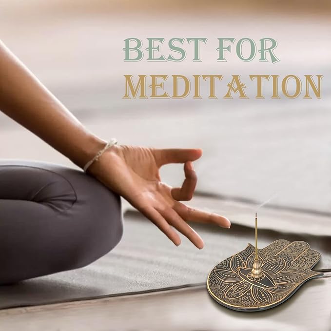 Ceramic Hamsa Hand Incense Holder - 2 in 1 Brass Incense Holder for Sticks and Coil Incense- Zen Decor with Hand of Fatima Design Protection from Evil - 6.2" L X 4.5" W (Black)