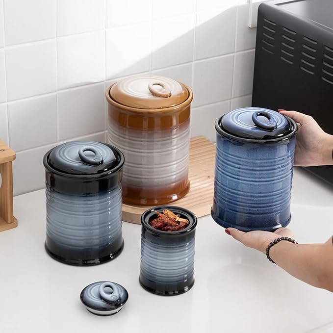 Nihow Ceramic Food Storage Jar Sets: Container with Air Tight Ceramic Lid for Flour/Sugar/Rice/Coffee/Cookies/Candy - Seal Damp-proof Canister for The Kitchen - Set of 3 （Gray）