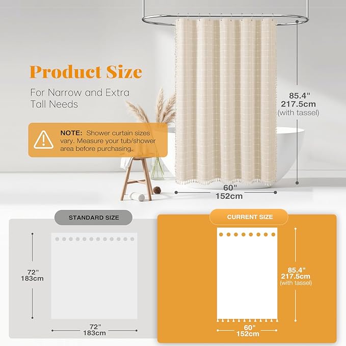 BTTN Stall Shower Curtain - 60x84 Long Boho Farmhouse Linen Weighted Fabric Shower Curtain Set with 10 Plastic Hooks, Narrow Bohemian Country Decorative Shower Curtains for Bathroom - Cream/Beige
