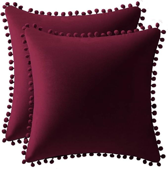 DEZENE Throw Pillow Covers 22x22 Wine Red: 2 Pack Cozy Soft Pom-poms Velvet Square Decorative Pillow Cases for Farmhouse Home Decor