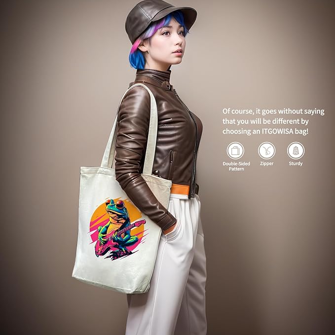 Tote Bag for Women, Reusable Zippered Canvas Bag with Handles Pocket Thick Canvas, for Grocery Shopping Beach Gift