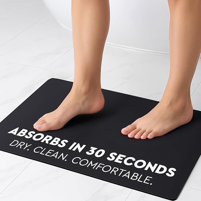 Homergy Bath Mat – Super‑Absorbent & Quick‑Dry with Non‑Slip Rubber Backing, Machine Washable & Odor Resistant – 16×24 in, Black