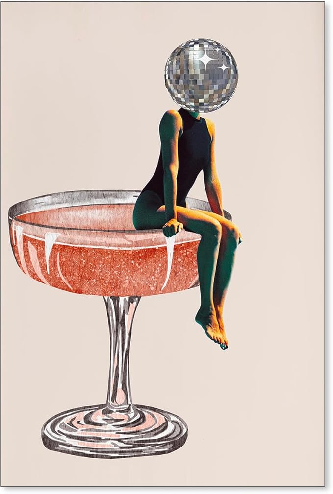 Sufeasdf Funky Disco Ball Girly Head Poster 70s Retro Cocktail Canvas Wall Art Trendy Vintage Beige Prints Painting for Family Bar Wall Decor 24x36 inch Unframed