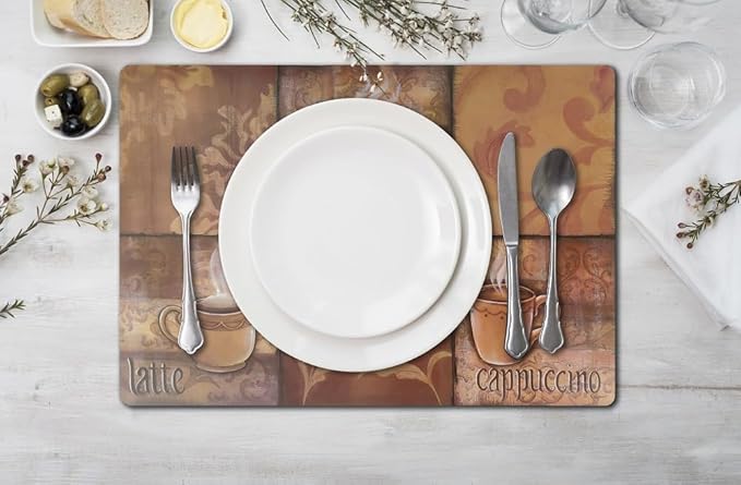 Vinyl Rectangular Placemats Set of 4 - Non Slip Place Mats Ideal for Indoor and Outdoor Dining Table - Washable and Heat Resistant Fall Placemats for Kitchen Tables (Coffee Tiles)