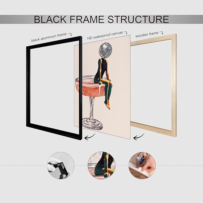 Funky Disco Ball Girly Head Poster 70s Retro Cocktail Canvas Wall Art 08x10 inch Black Framed Trendy Vintage Beige Prints Painting for Family Bar Wall Decor