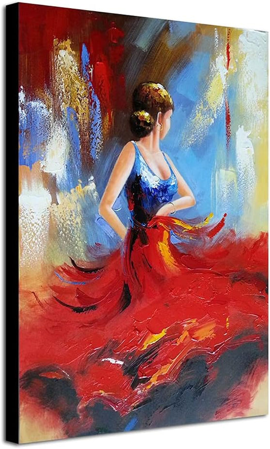 Wieco Art Flying Skirt Abstract Dancing People Oil Paintings on Canvas Wall Art work for Living Room Bedroom Home Decorations Wall Decor Large Modern Stretched and Framed Red Girl Dancer Artwork 24x36