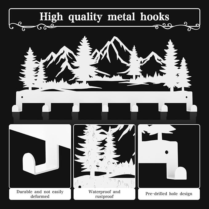 Key Holder Wall Mounted Key Hooks, White Metal Key Rack Hooks, The Great Grove, Mountain Theme Wall Decoration Hooks, with 7 Hooks, Applicable to Front Doors, Lobby,Corridor, Offices (12 ")
