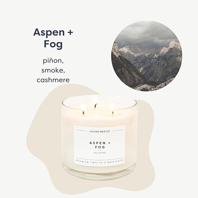 Calyan Wax Co. 3 Wick Candle, Aspen + Fog Scented Candle, 43 Hour Burn Time, 3 Wick Soy Candles, Non Toxic & Vegan Soy Wax, Glass Jar Scented Candles, 14.9oz