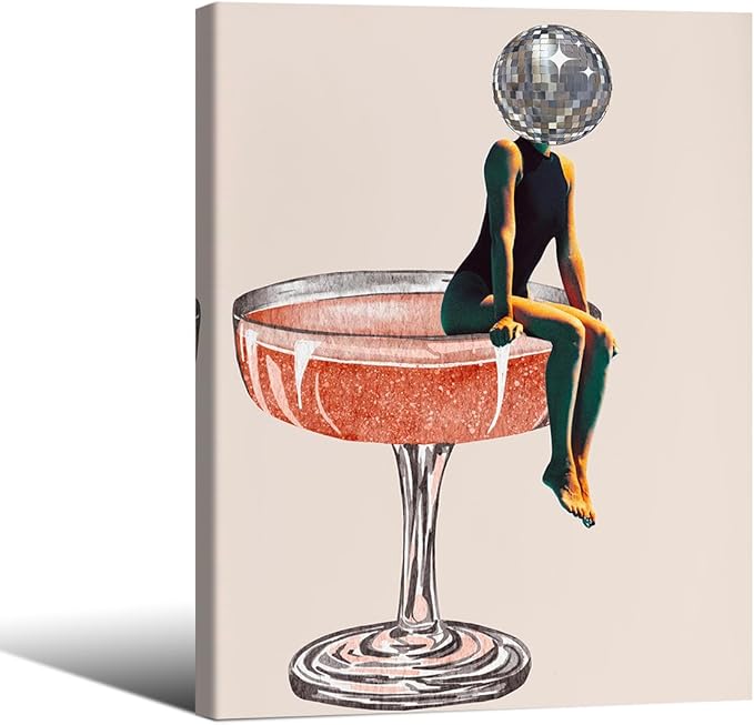 Funky Disco Ball Girly Head Poster 70s Retro Cocktail Canvas Wall Art 08x10 inch Framed Trendy Vintage Beige Prints Painting for Family Bar Wall Decor