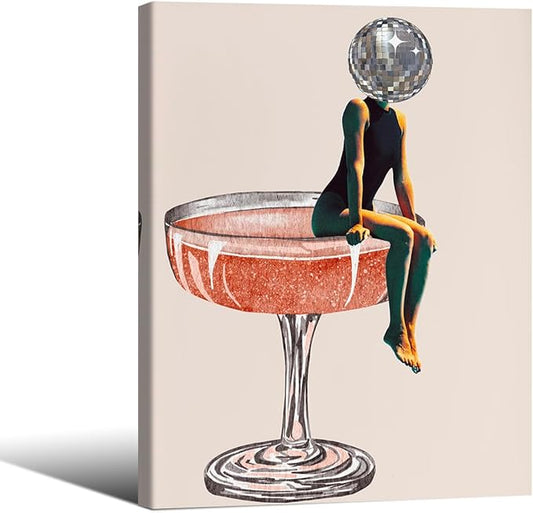 Funky Disco Ball Girly Head Poster 70s Retro Cocktail Canvas Wall Art 08x10 inch Framed Trendy Vintage Beige Prints Painting for Family Bar Wall Decor