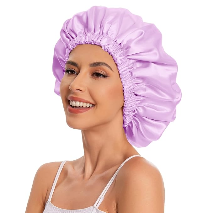 Satin Bonnet Silk Bonnet Hair Bonnet for Sleeping-Slouchy Beanie Hat Satin Sleep Cap for Women's Natural & Curly Hair(Light Purple)