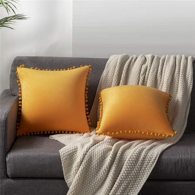 DEZENE Couch Pillow Covers 18x18 Golden Yellow: 2 Pack Cozy Soft Pom-poms Velvet Square Throw Pillow Cases for Farmhouse Home Decor