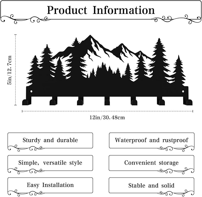 Key Holder Wall Mounted Key Hooks, Black Metal Key Rack Hooks, Grove, Mountain Theme Wall Decoration Hooks, with 7 Hooks, Applicable to Front Doors, Lobby,Corridor, Offices (12 ")
