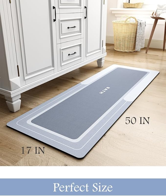 MontVoo-Bath Mat, Long Non Slip Absorbent Stain Resistant Quick Dry Thin Bathroom Rug, 17"x50", Blue