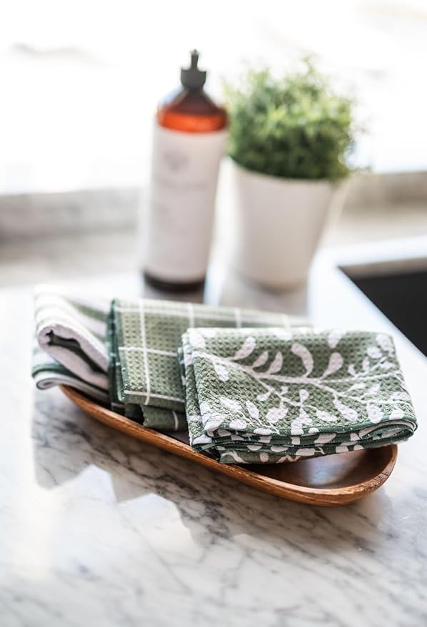 || 3 Pack|| Double Sided || Not Your Ordinary Dish Towels || Waffle Weave Microfiber || Highly Absorbent || Hanging Loop || Dish Cloths || Modern || Designer Prints || Green Stripe