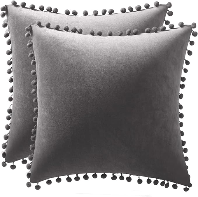 DEZENE Throw Pillow Covers 16x16 Dark-Grey: 2 Pack Cozy Soft Pom-poms Velvet Square Decorative Pillow Cases for Farmhouse Home Decor