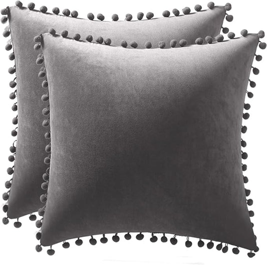 DEZENE Throw Pillow Covers 20x20 Dark-Grey: 2 Pack Cozy Soft Pom-poms Velvet Square Decorative Pillow Cases for Farmhouse Home Decor