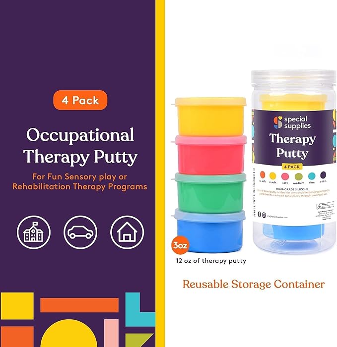Special Supplies Therapy Putty for Teens and Adults - Resistive Hand Exercise Stress Relief Therapy Putty Kit, Set of 4 Strengths, Three Ounces of Each Putty (Primary Colors)