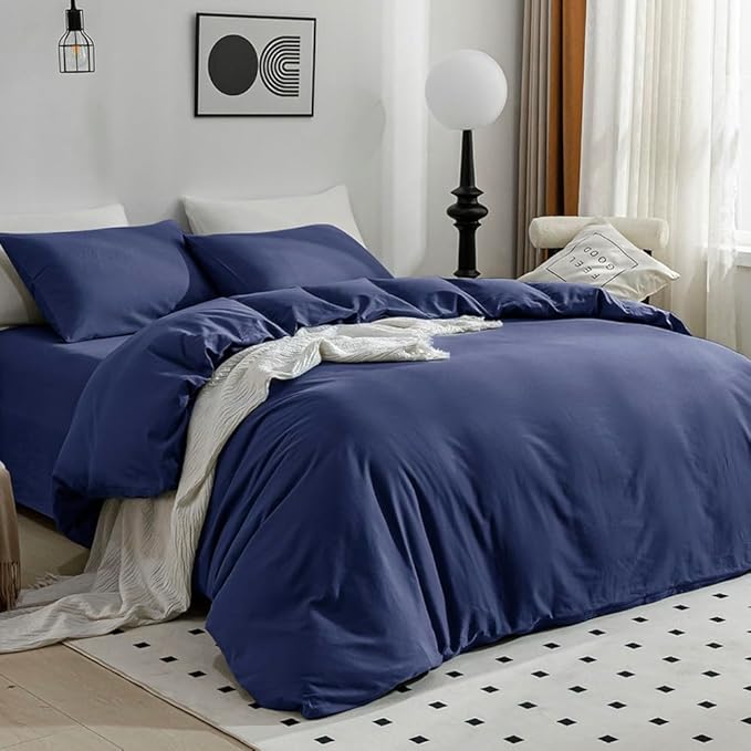 JELLYMONI Cotton Duvet Cover Full Size - 100% Washed Cotton Linen Like Textured Comforter Cover, 3 Pieces Breathable Soft Bedding Set with Zipper Closure (Navy Blue, Full 80"x90")