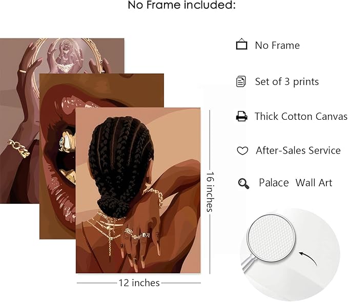 ANVOTIG Black Girl Posters Wall Art Set of 3 Black Woman African American Women Wall Decor Pictures Boho Fashion for Home Bedroom Living Room 12x16 Inch Unframed