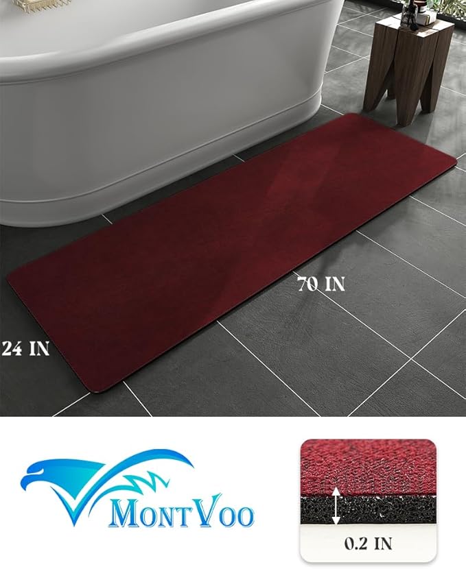MontVoo -Bath Mat Rug-Rubber Backing Non Slip Quick Dry Absorbent Thin Bathroom Rugs Fit Under Door-Faux Suede Surface Bathroom Floor Mats-Shower Rug for in Front of Bathtub Shower Burgundy 24"X70"