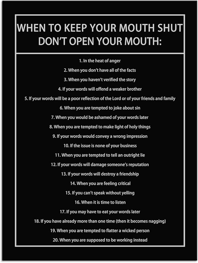 Inspirational Canvas Wall Art When to Keep Your Mouth Shut Don't Open Your Mouth Life Learning Poster Prints Artwork for Living Room Modern Home Decor Painting Stretched and Framed [18''Wx 24''H]