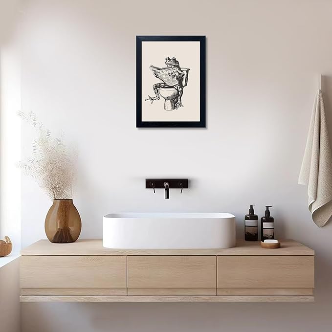 Frog Bathroom Decor Funny Bathroom Wall Art Frog on Toilet Reading Newspaper Canvas Painting Animal Artwork Pictures for Bathroom Decorations