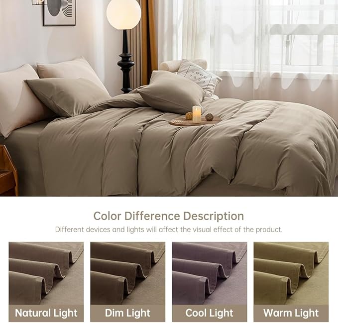 JELLYMONI Khaki Bedding Duvet Cover Set - 100% Washed Cotton Linen Like Textured California King Comforter Cover, 3 Pieces Soft Bedding Set with Zipper Closure (Khaki, Cal King 104"x98")