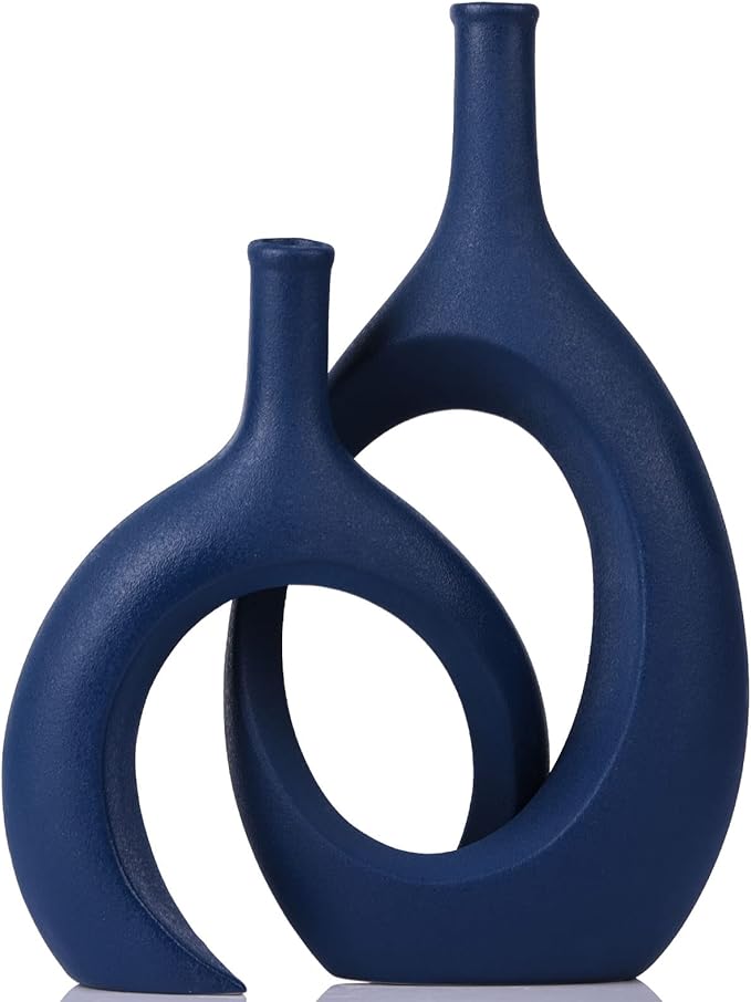 Navy Blue Unique Hollow Bud Vases Set of 2,Modern Snuggle and Huging Style Ceramic Vase for Pampas Grass,Living Room Decorations for Fireplace,Coffee Table Centerpiece,Mantle,Bookshelf Decor