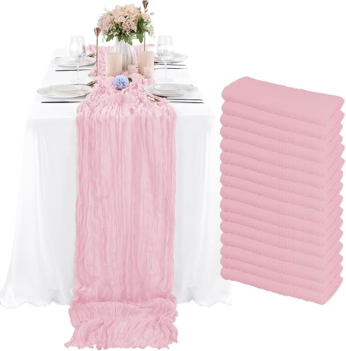 16 Pack Pink Cheesecloth Table Runner, 35x120 Inch Boho Gauze Table Runners, Cheese Cloth Long Table Runner Elegant Table Runners for Party Wedding Bridal Shower Table Decor (Pink)