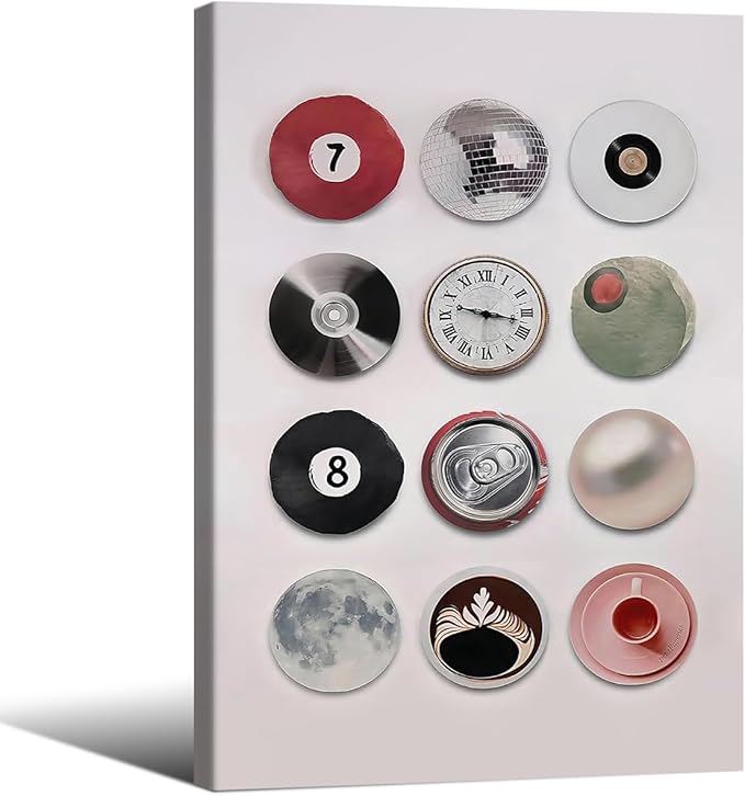 Trendy Retro Disco Wall Art - Vintage Lucky 8 Ball Poster, Funky Music Record Wall Decor, 24x36 inch Framed Unique 7 Ball Canvas Prints, Preppy Aesthetic Painting